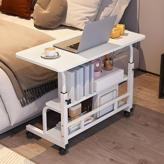 Portable Desk with Wheels Small Standing Desk on Wheels Adjustable Height Rolling Desks for Small Spaces, 24" Computer Desks with Storage Shelves for Home Office Study White