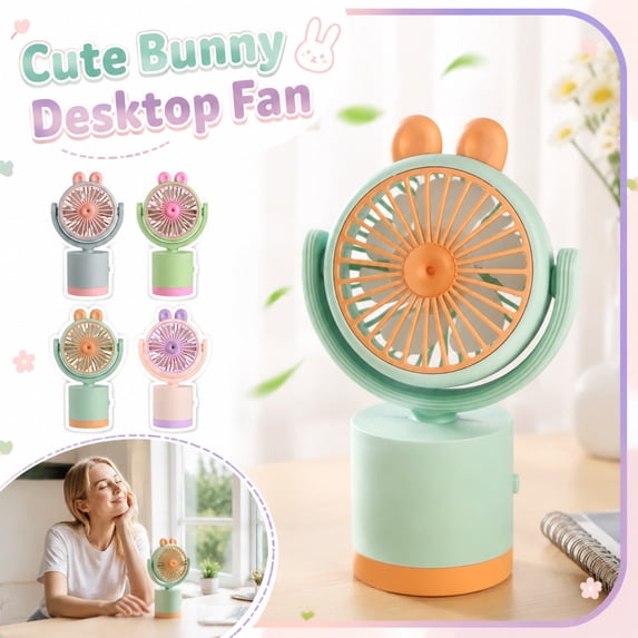 Portable Desktop Fan Cute Bunny Shaped Personal Fan Rechargeable USB Powered with Oscillating Base and Adjustable for Home Desk Dormitory Summer Gift, 1Pack Blue
