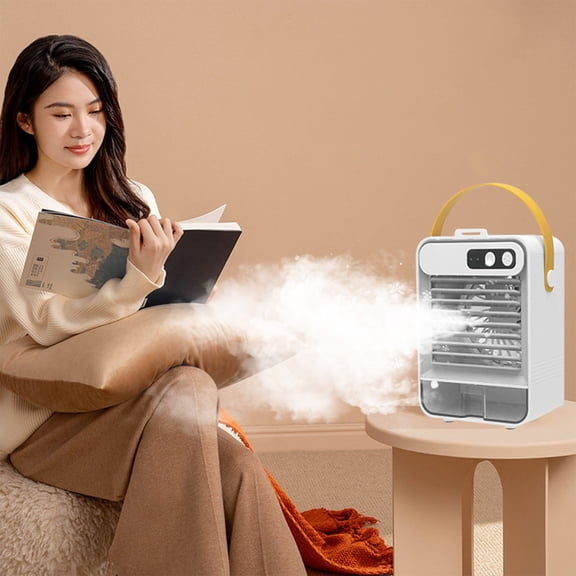Portable Desktop Fan with Humidifier, 3-Speed,USB Rechargeable Cooling Fan, Makeup Mirror,Built-in Phone Stand, Multifunctional Air Cooler for Office Desk, Bedroom, Travel