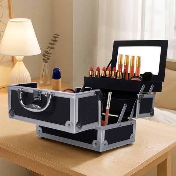Portable Diamond Texture Aluminum Makeup Storage Box with Mirror and Lock Key, Black