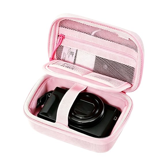 Portable Digital Camera Protective Case, Water Resistant Photography Storage Pouch with Pocket & Strap, Shock Absorption Hard Shell Organizer for Compact CCD Cameras Travel Vlogging (Pink Fabric)