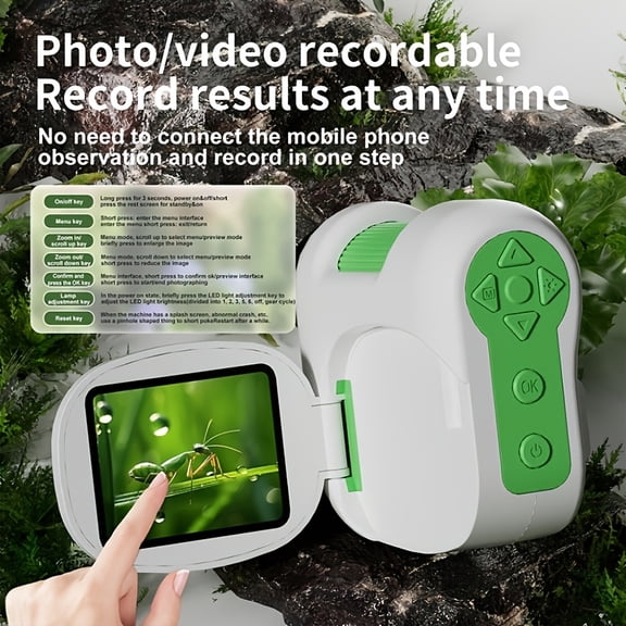 Portable Digital Microscope with 2" LCD, 100-1600x Magnification, USB & Battery, Adjustable LED Light for PC/Laptop