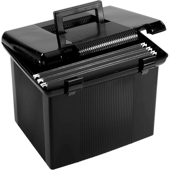 Portable Document Storage Box with File Rails and Hinged Lid, Includes 3 Hanging Folders, Black, Holds Up to 22 Letter-Size Files