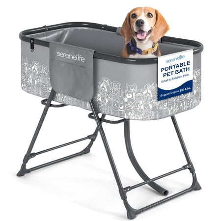 Portable Dog Bath Tub with Two Side Pockets and Built-in Drain System - Includes Three-Point Leash Restraint (Gray + Black)