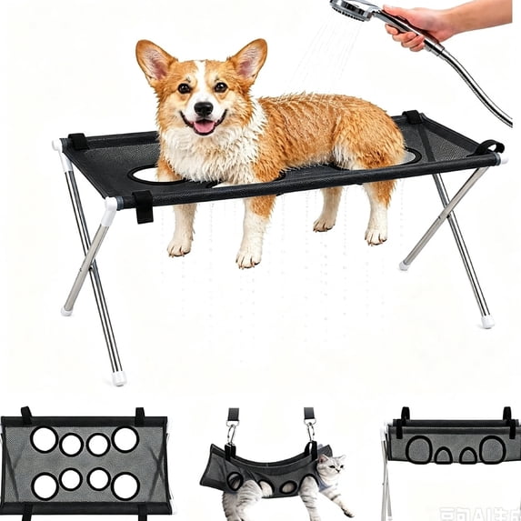 Portable Dog Bathing Grooming Hammock Stand, Foldable Heavy‑Duty Stainless Steel Pet Sling Holder with Secure Straps, Washable Mesh Station for Home Bathroom Pet Salon, Multiple Styles Available