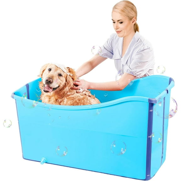 Portable Dog Bathtub for Large Dogs - 48.4Gal Foldable Pet Wash Station with Drain Plug, Insulated & Non-Slip Design for Indoor/Outdoor Bathing, Grooming, Camping(Blue)