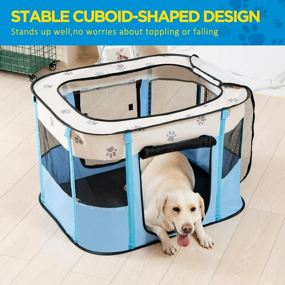 Portable Dog  Playpen Foldable   Pet  Pen Travel Crate with Floor and Mesh Door Top - S, Blue