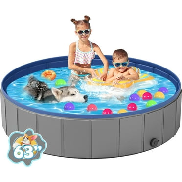 Portable Dog Pool PVC Pet Swimming，Bathtub Collapsible，Hard Plastic Pool for Pets to Swim and Bath (XL-63"x 12" Dark Grey)