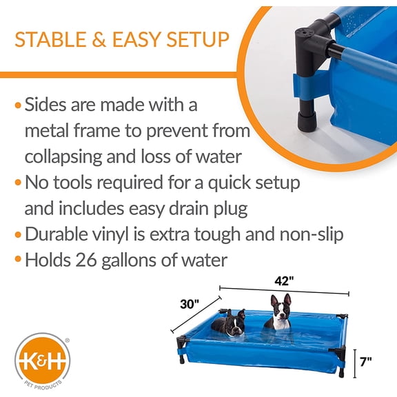 Portable Dog Pool & Pet Bath for Dogs and Puppies, Swimming Pool for Large Pets, Heavy Duty Liner with Metal Frame, Easy Drain Plug, Foldable - Large 42 X 30 X 7in Chill Blue