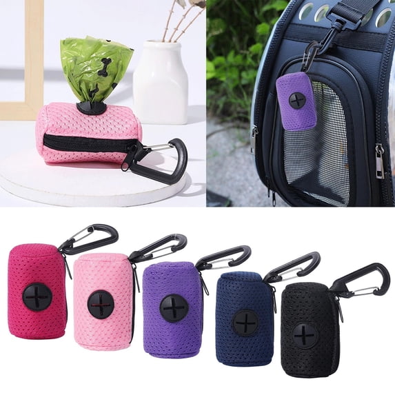 Portable Dog Poop Bag Dispenser with Carabiner,Pet Waste Bag Holder with Nylon Mesh Design,Easy Access Dog Walking Trash Bag Carrier,Pink