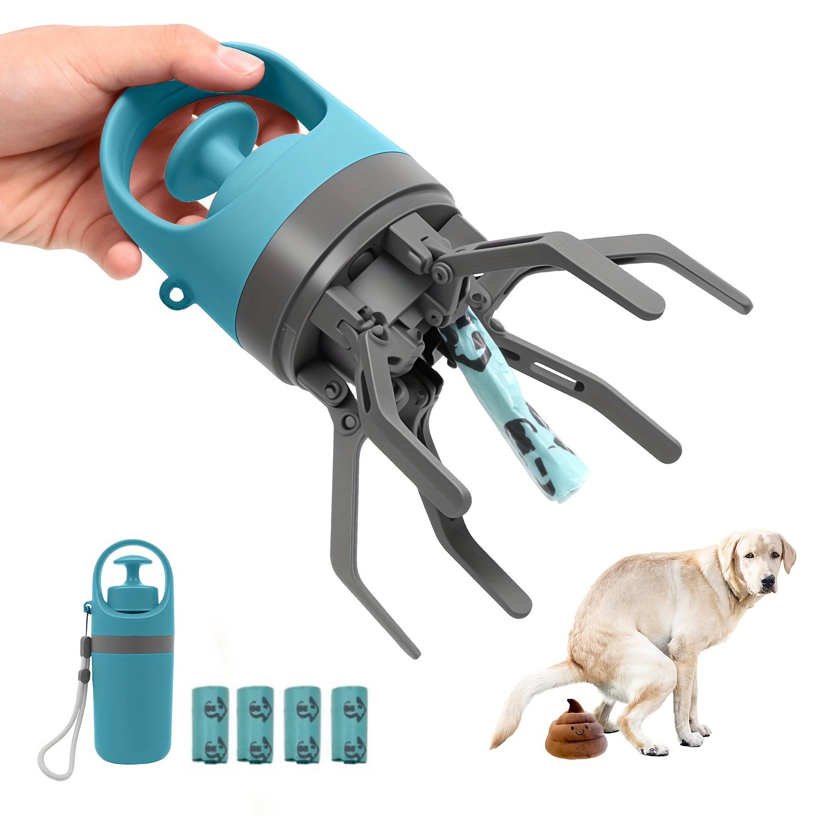 Portable Dog Poop Scooper with 4 Waste Bag Rolls, Hands-Free 6-Claw Pet Waste Pickup Tool, Teal/Gray Sanitary Poop Catcher with Built-in Bag Dispenser for Outdoor Dog Walking