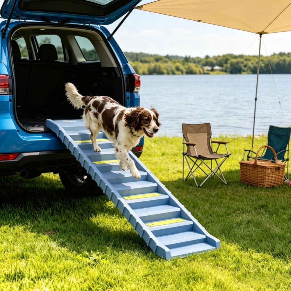 Portable Dog Ramp, Foldable Stairs for Medium Small Dogs to Get on Car Truck SUV, Gray