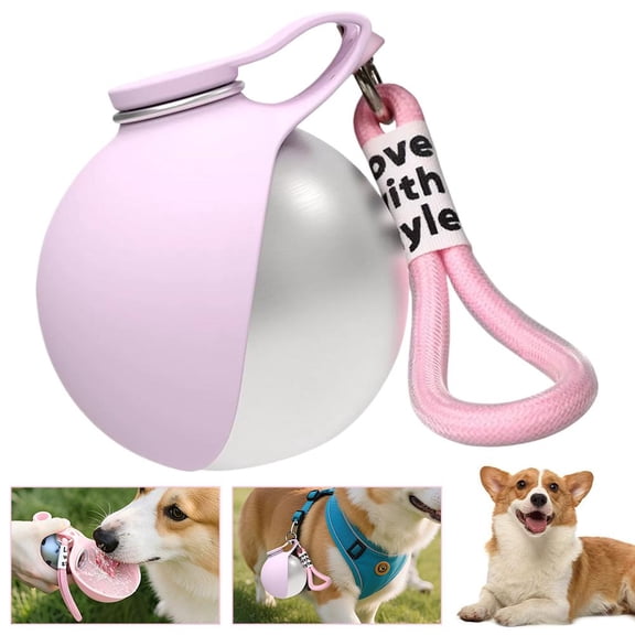 Portable Dog Water Bottle 2-in-1 Foldable Pet Dispenser with Silicone Bowl, 304 Stainless Steel Leak-Proof Flask for Travel, Hiking, Pink