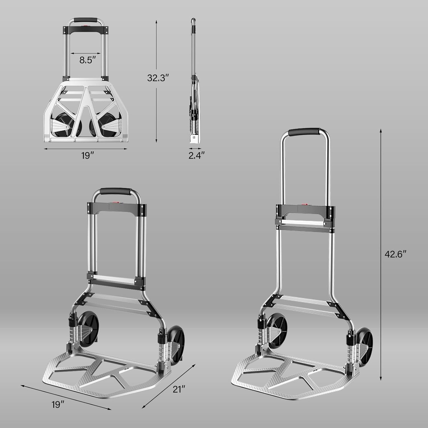 Portable Dolly Cart, 352 lbs Capacity Heavy Duty Aluminum Folding Hand Truck with Silent Large Rubber Wheels for Home Office Moving Warehouse