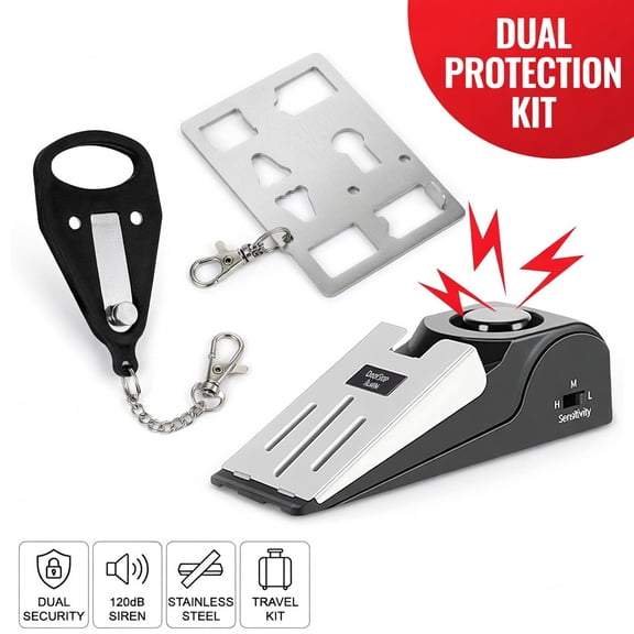 Portable Door Lock and Door Stop Alarm Set, Wedge Security Stopper Dual Protection Kit for Hotel Travel Home Bedroom