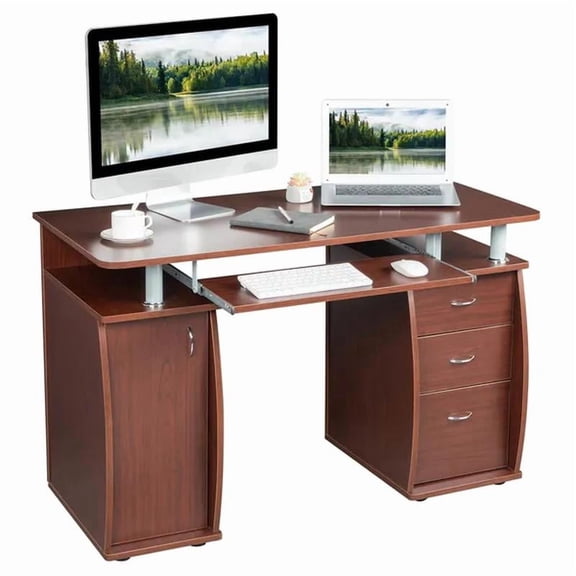 Portable Door with Drawers Computer Desk Coffee Color