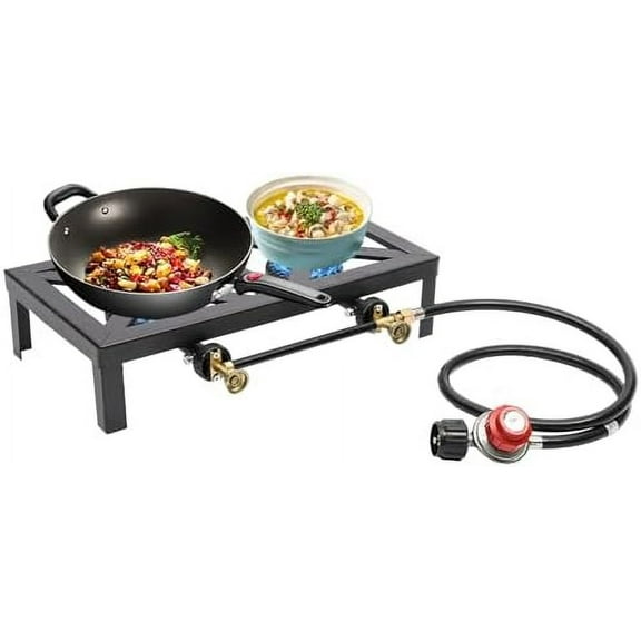 Portable Double Burner Outdoor Gas Stove Propane Cooker with Adjustable 0-20Psi Regulator Hose for Patio Camping, BBQ, Home Brewing, Turkey Fry, Maple Syrup Prep$$Garden & Patio