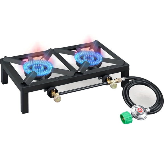 Portable Double Burner Propane Gas Stove, Portable Propane Cooker, Durable Square Camping Stove with Regulator Hose & Independent Knobs for Outdoor Cooking Camping, Backyard Picnic