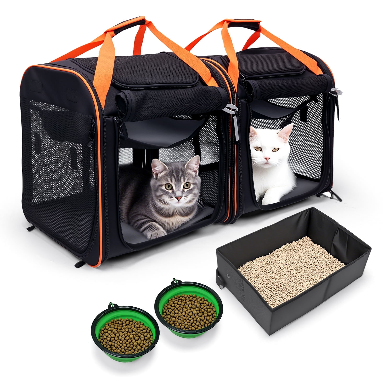 View of Portable Double Cat Carrier with Litter Box for Multiple Cats 2 in 1 ...