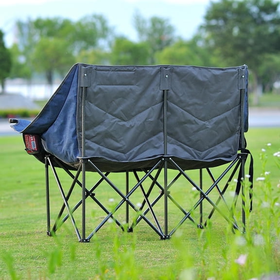 Portable Double Folding Love Seat, Padded Camping Chair with Cup Holder, Navy Blue and Gray