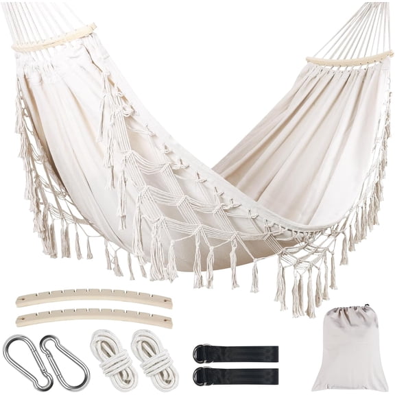 Portable Double Hammock, Hanging Hammock with Tassels and Fishtail Knitting, 550LB Capacity, 320GSM Hanging Bed with Set Full Accessories for Outdoor Camping Patio Balcony Beige