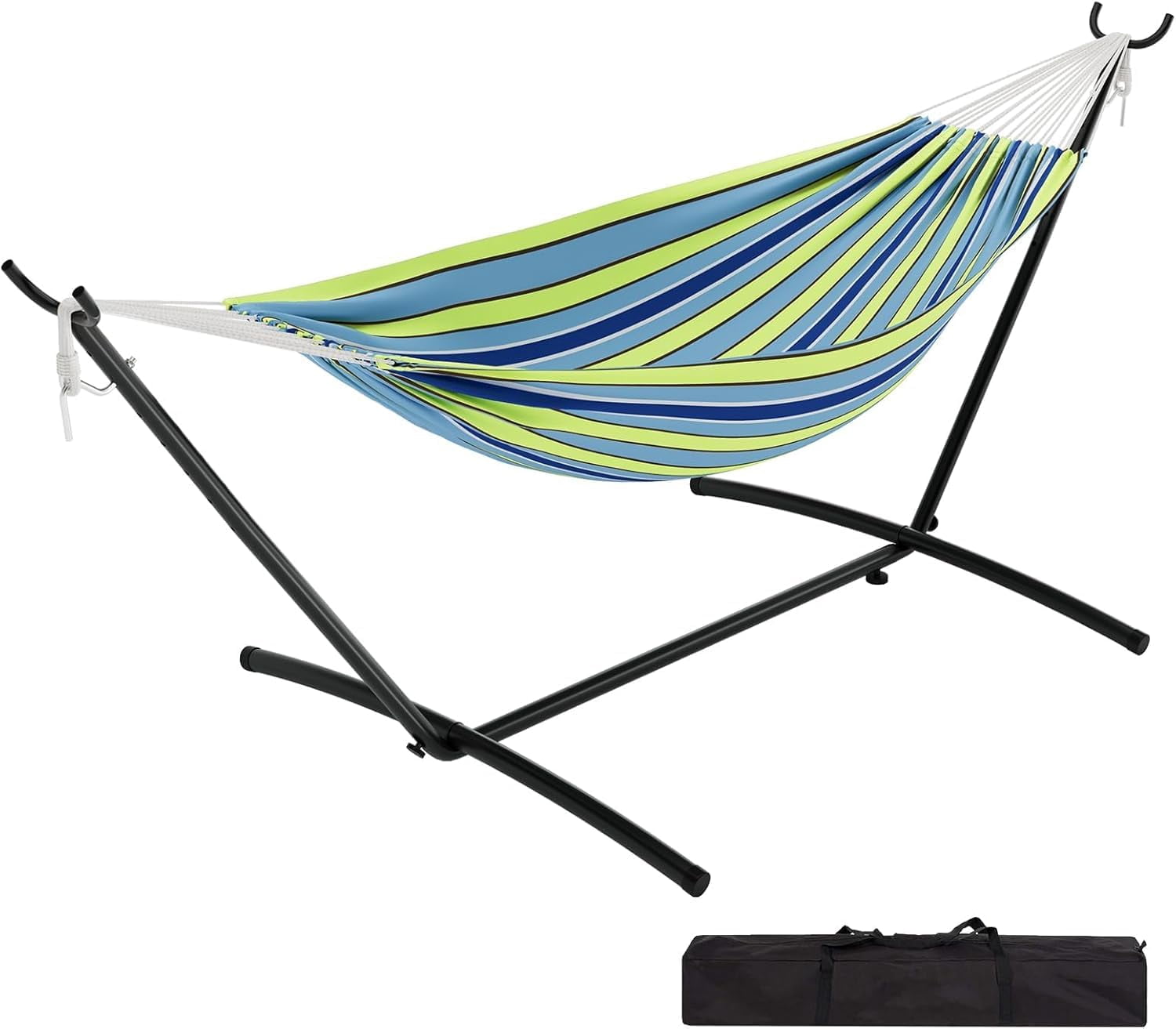 Portable Double Hammock with Heavy-Duty Steel Stand – 450 lbs Capacity, Durable Space-Saving Design, Polyester Cotton Fabric – for Outdoor, Patio, Garden, Camping, Carry Bag Included