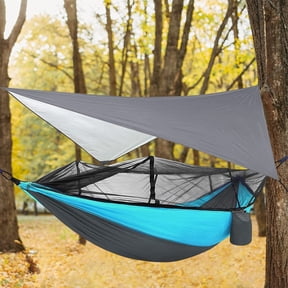 Rirool Double Camping Hammock with Mosquito Net and Rain Fly Tarp, 2 Person 210T Nylon Hammock Tent with 6.56ft Tree Straps, Portable Outdoor Hammock for Hiking Backpacking Travel, Gray/Blue