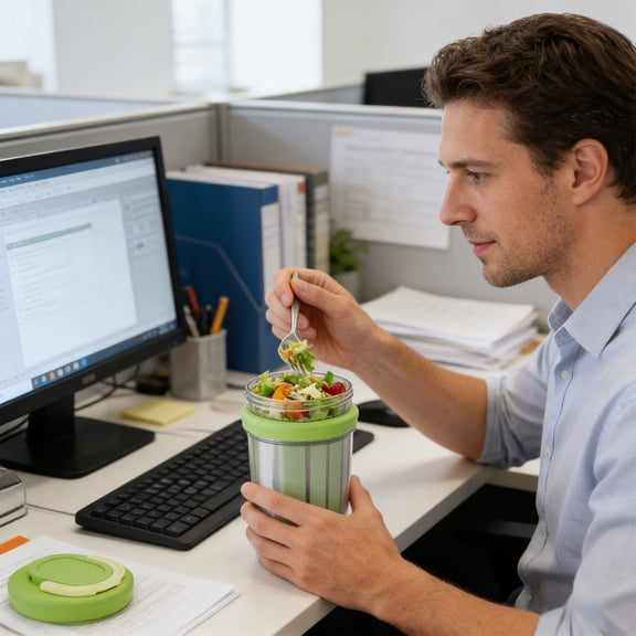 Portable Double Layer Salad Cup with Fork | 760ml Leak-Proof Fruit & Snack Container | Microwave Safe, Plastic | For Office, School, or Outdoor Use