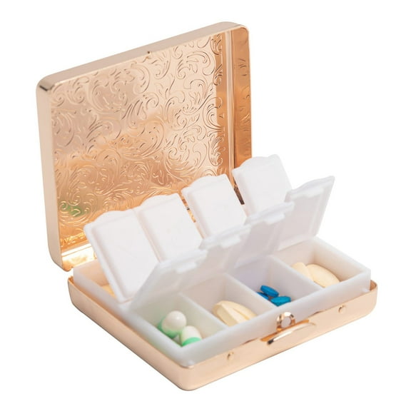Portable Double Protection Switch Metal Travel Pill Box (7 Days) /8 Compartment (Gold)