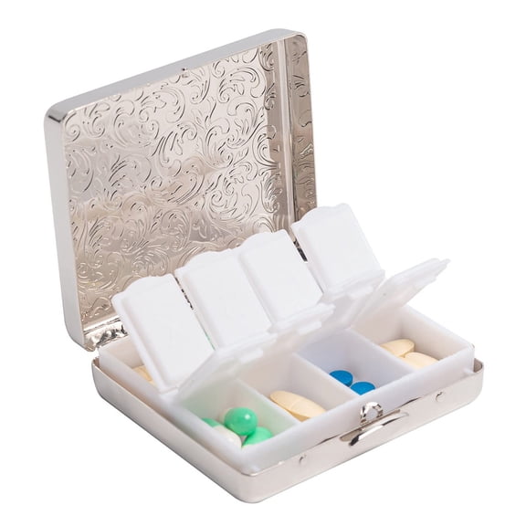 Portable Double Protection Switch Metal Travel Pill Box (7 Days) /8 Compartment (Silver)