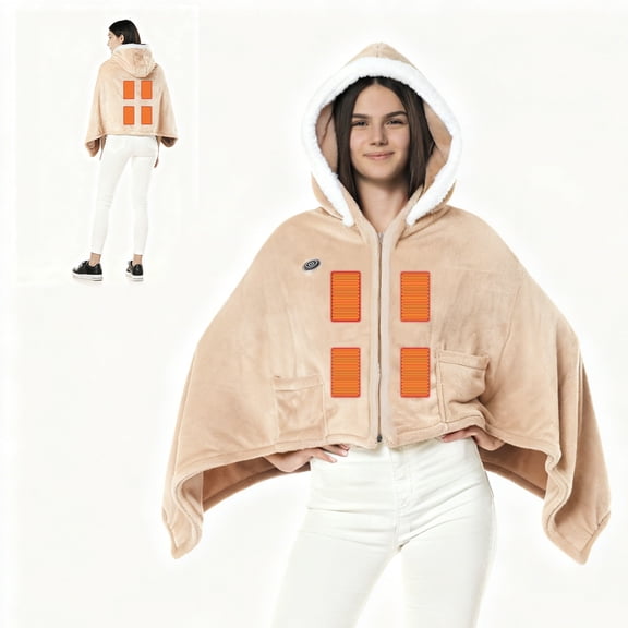 Portable Double-Sided Flannel Heated Hoodie Blanket for Men & Women - 3 Heat Levels, Battery Operated, Machine Washable