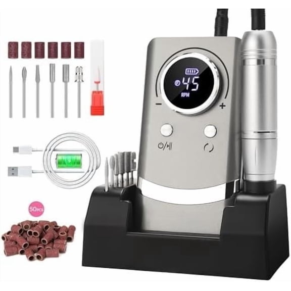 Portable Drill Electric File: 45000RPM Professional Rechargeable E File Machine for & Gel Nails, Cordless Efile with 7 Drill Bits, 56 Sanding Bands & Base for Salon (Gray)