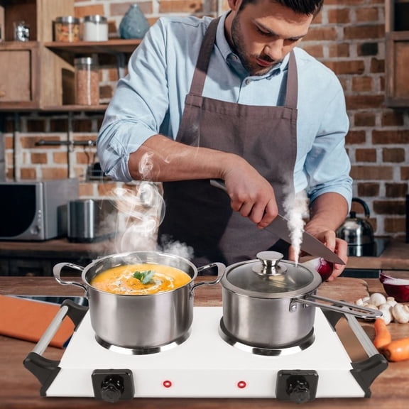 Portable Dual Burner Electric Stove, 2000W, 5 Heat Levels, Easy Clean - White