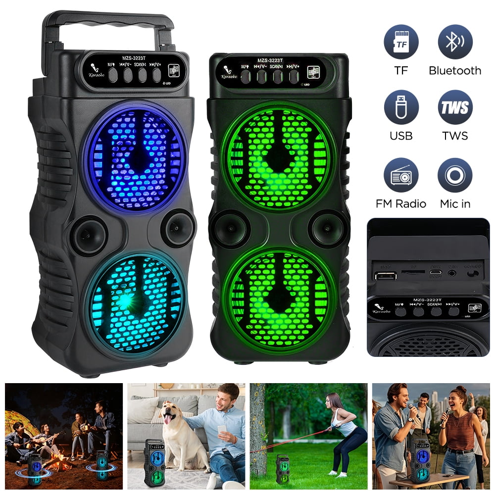 Portable Dual-Driver Bluetooth Party Speaker - 3 Inches 2x3W Stereo, RGB Music Lights, TWS, Mic/USB/TF/FM Inputs, Durable ABS, for Outdoor Dancing Party/Family Karaoke/Gatherings