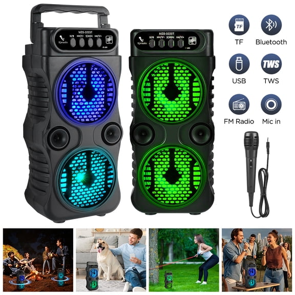 Portable Dual-Driver Bluetooth Party Speaker - 3 Inches 2x3W Stereo, RGB Music Lights, TWS, Mic/USB/TF/FM Inputs, Durable ABS, for Outdoor Dancing Party/Family Karaoke/Gatherings