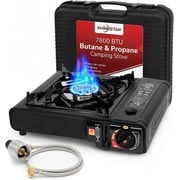 Portable Dual Fuel Gas Stove for Grill Camping and Outdoor Cooking with Butane & Propane Compatibility, Propane Adapter Hose and Carrying Case Included, 7800 BTUs Output