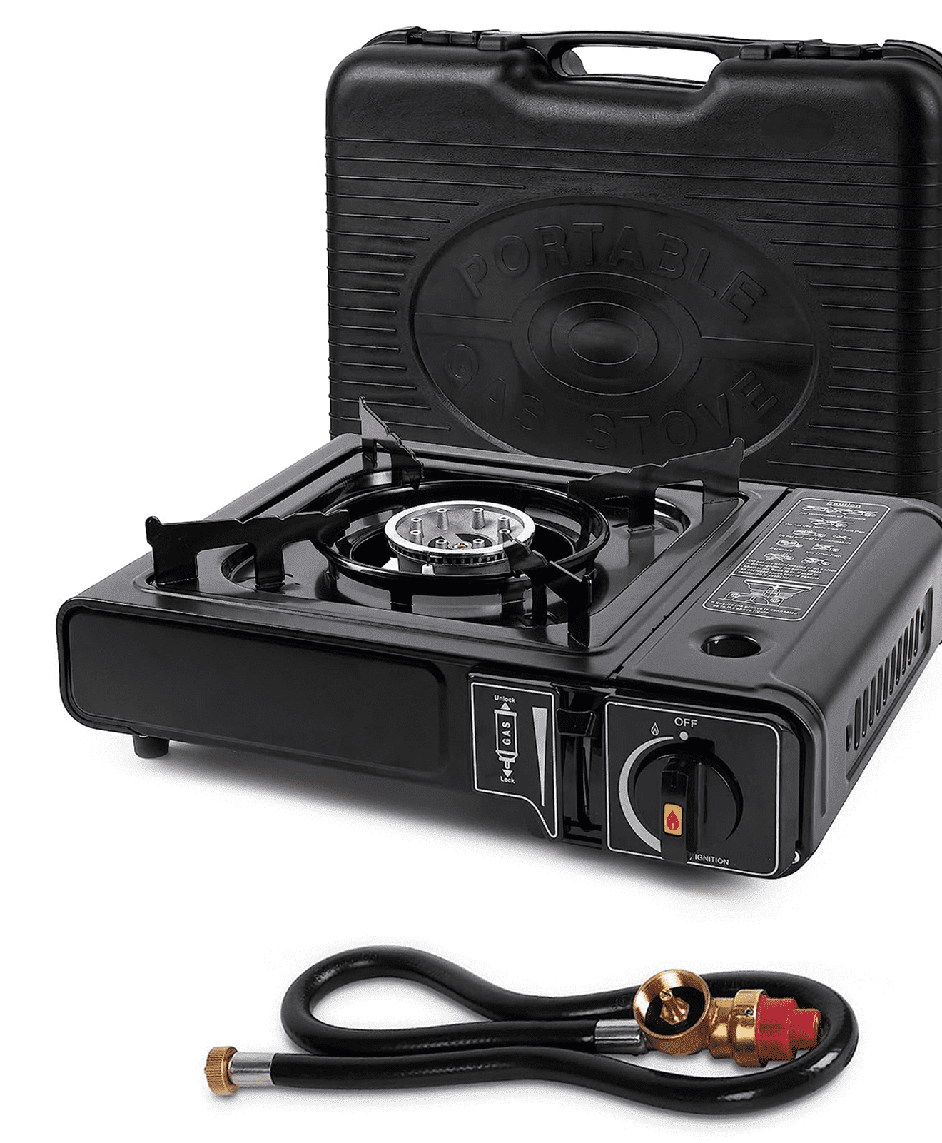 Portable Dual Fuel Gas Stove for Camping and Outdoor Cooking with Butane & Propane Compatibility, Propane Adapter Hose and Carrying Case Included, 7800 BTUs Output