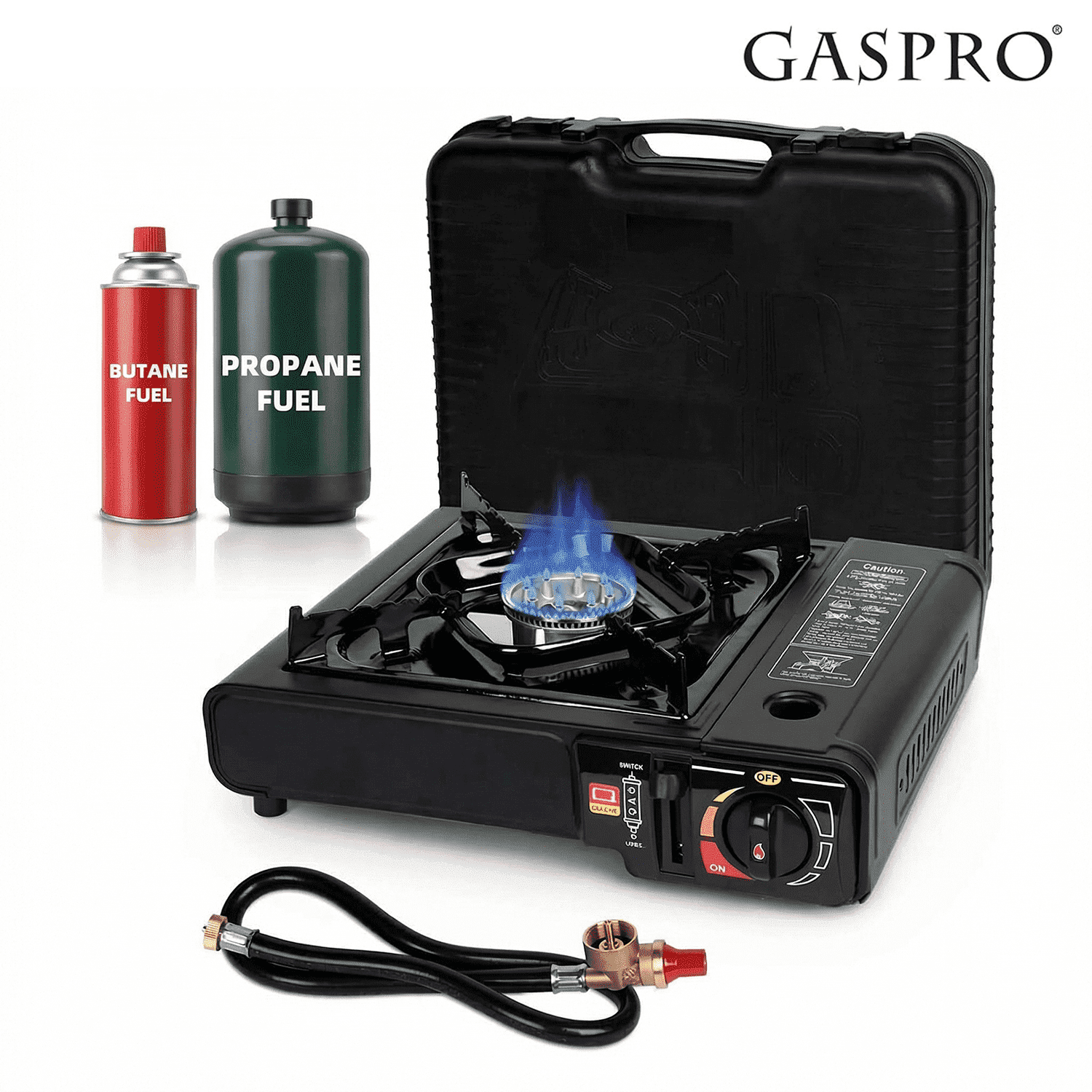 Portable Dual Fuel Gas Stove for Grill Camping and Outdoor Cooking with Butane & Propane Compatibility, Propane Adapter Hose and Carrying Case Included, 7800 BTUs Output