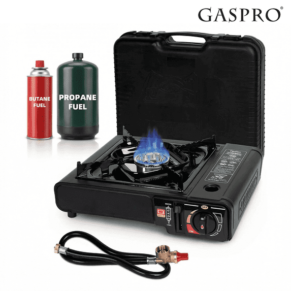 Portable Dual Fuel Gas Stove for Grill Camping and Outdoor Cooking with Butane & Propane Compatibility, Propane Adapter Hose and Carrying Case Included, 7800 BTUs Output