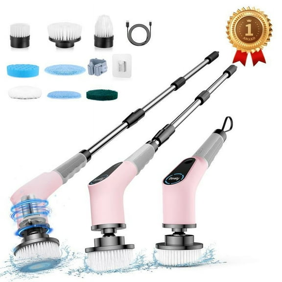 Portable Durable Cleaning Brush with 8 Replaceable Heads, 3 Adjustable Length Handle, 2 Speeds - Electric Spin for Bathroom, Kitchen, Household Cleaning Supplies