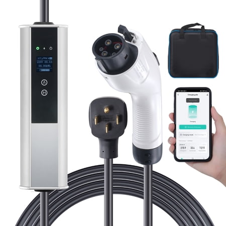 Portable EV Charger, 40A 240V, Level 2 Electric Vehicle Charger with 25 ft Charging Cable NEMA 14-50P Plug, 40A/32A/24A/16A Adjustable Current Plug-in Home EV Charging Station for SAE J1772 EVs