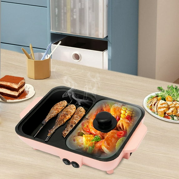 Portable Electric 2in1 Hot Pot Dual Temp Control Grill Non-Stick Teppanyaki Pan Corded Electric 2-in-1 Hot Pot with Barbecue Pot