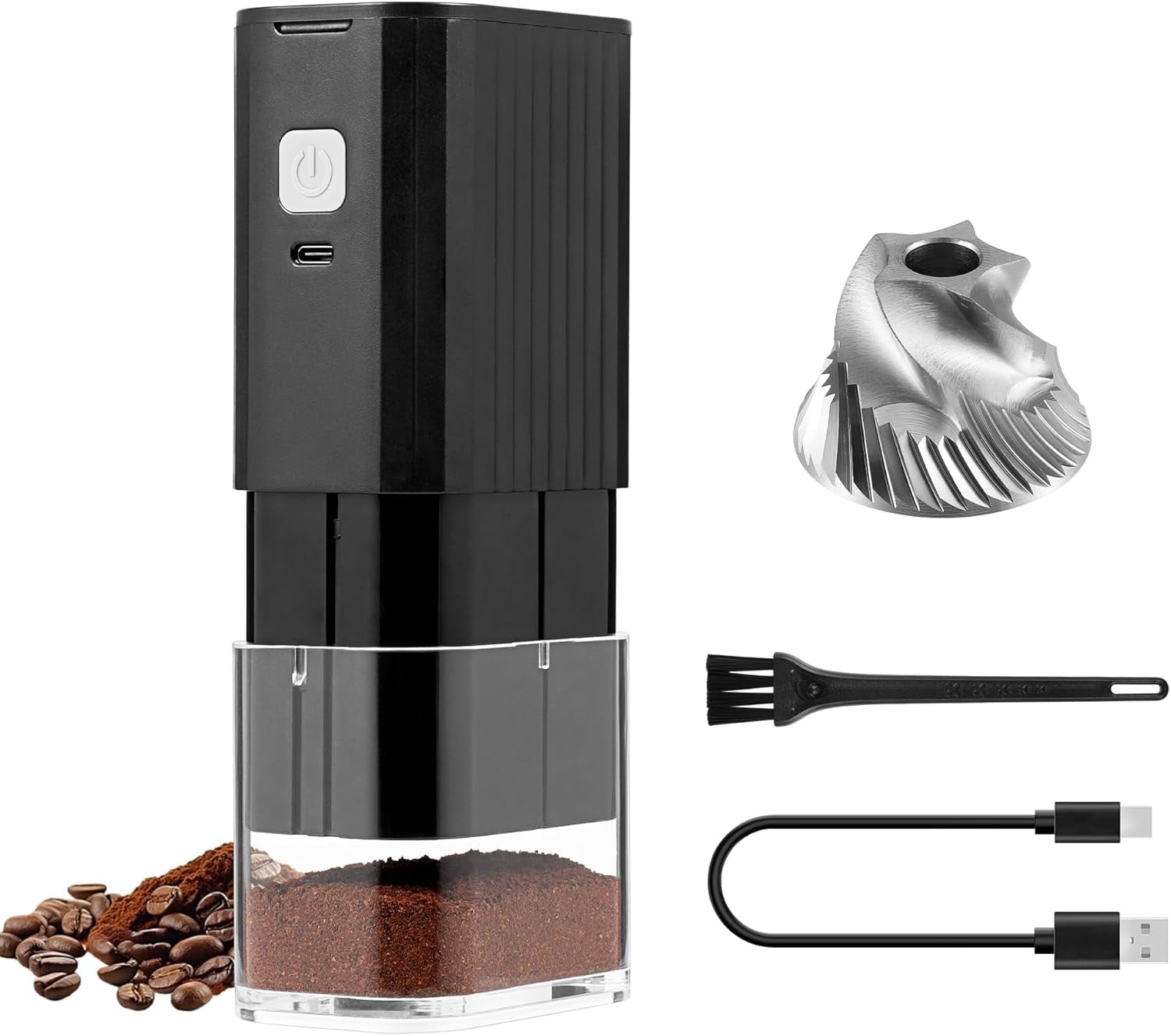 Portable Electric ,Adjustable Stainless Steel Burr Coffee Bean Mill,One-Button Grinder with USB Rechargeable,Auto‑Stop for Espresso to French Press,for Outdoor Use(Black)
