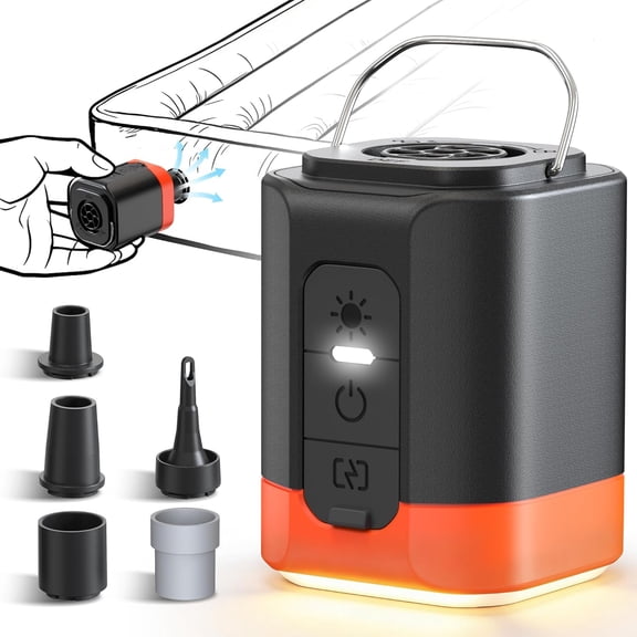 Portable Electric Air Pump for Inflatables, 2600mAh Fast Air Mattress Pump with Efficient Heat Dissipation, 3 Lighting, 5 Nozzles, Inflate Deflate for Sleeping Pads, Pool Floats, Vacuum Storage Bags