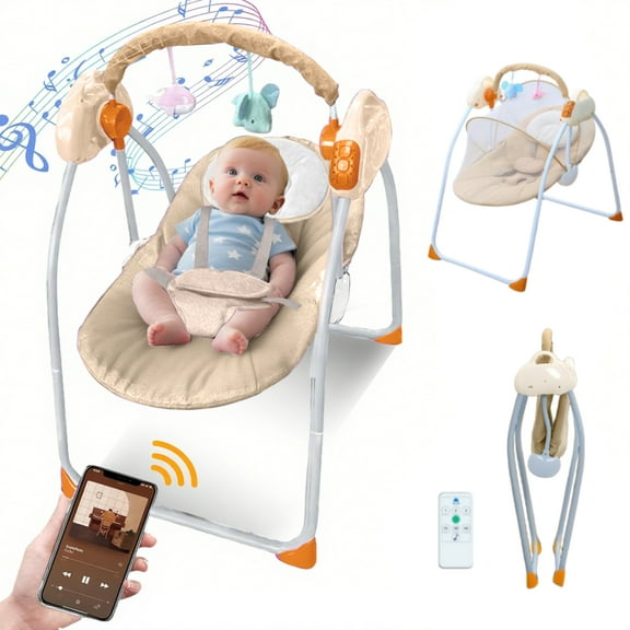Portable Electric Baby Swing For Infant, Baby Bouncer With Bluetooth Music And Toy Bar, Khaki
