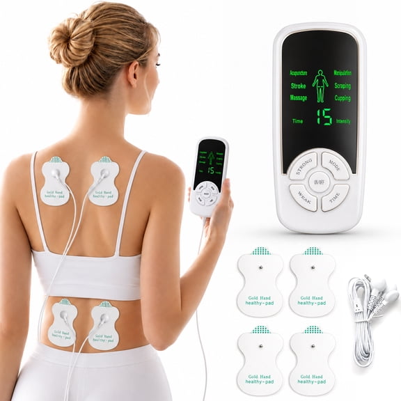 Portable Electric Body Massage Machine with 4 Reusable Gel Pads, 8 Massage Modes & 15 Intensity Levels, Handheld Muscle Relaxer for Neck Shoulder Back Waist Leg, Home Office Travel Use