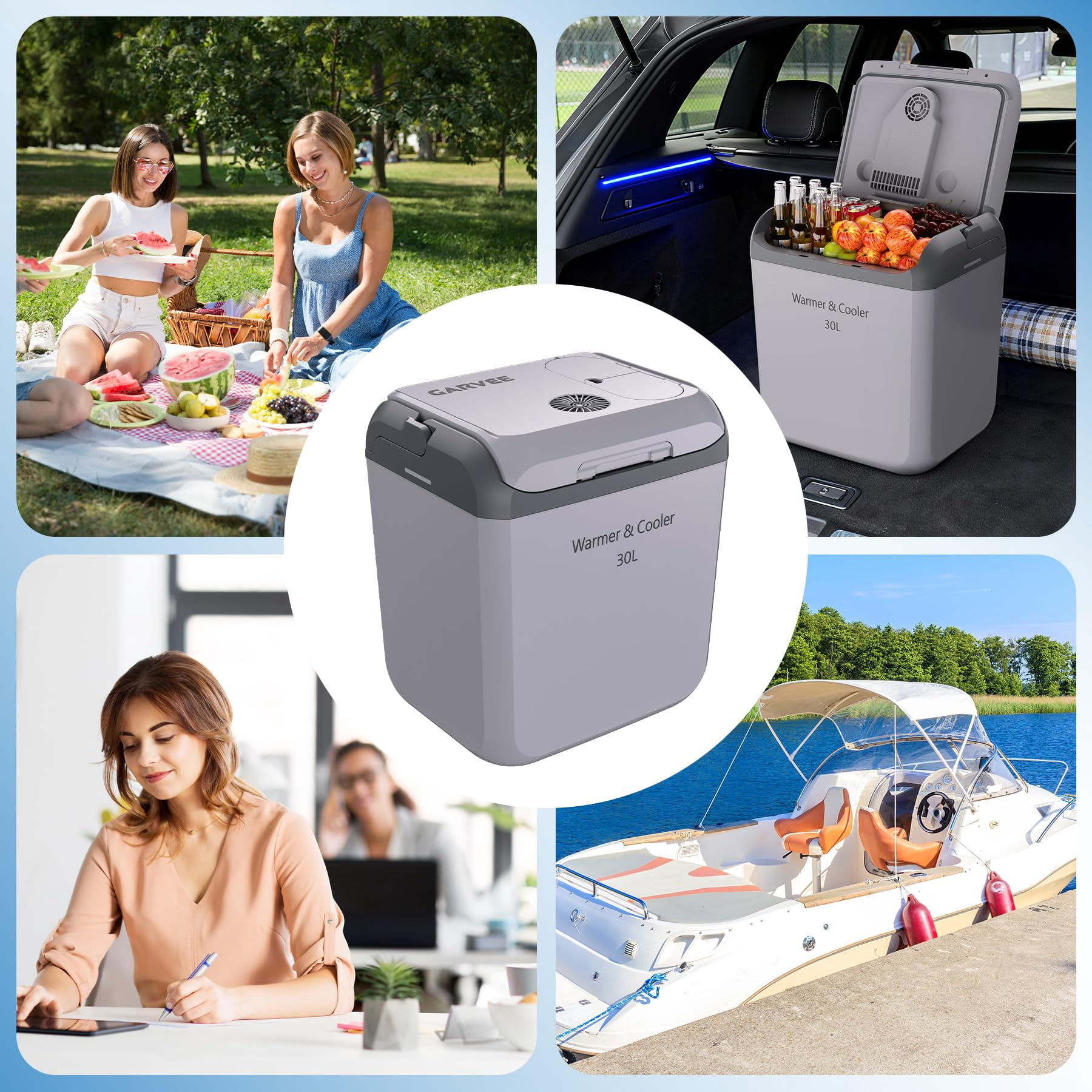 Portable Electric Car Cooler & Warmer 30L – Thermoelectric 12V/110V Refrigerator with Handle – Dual Power Plug-in Fridge for Vehicle, Truck, Camping, Travel – Light Gray, 30L