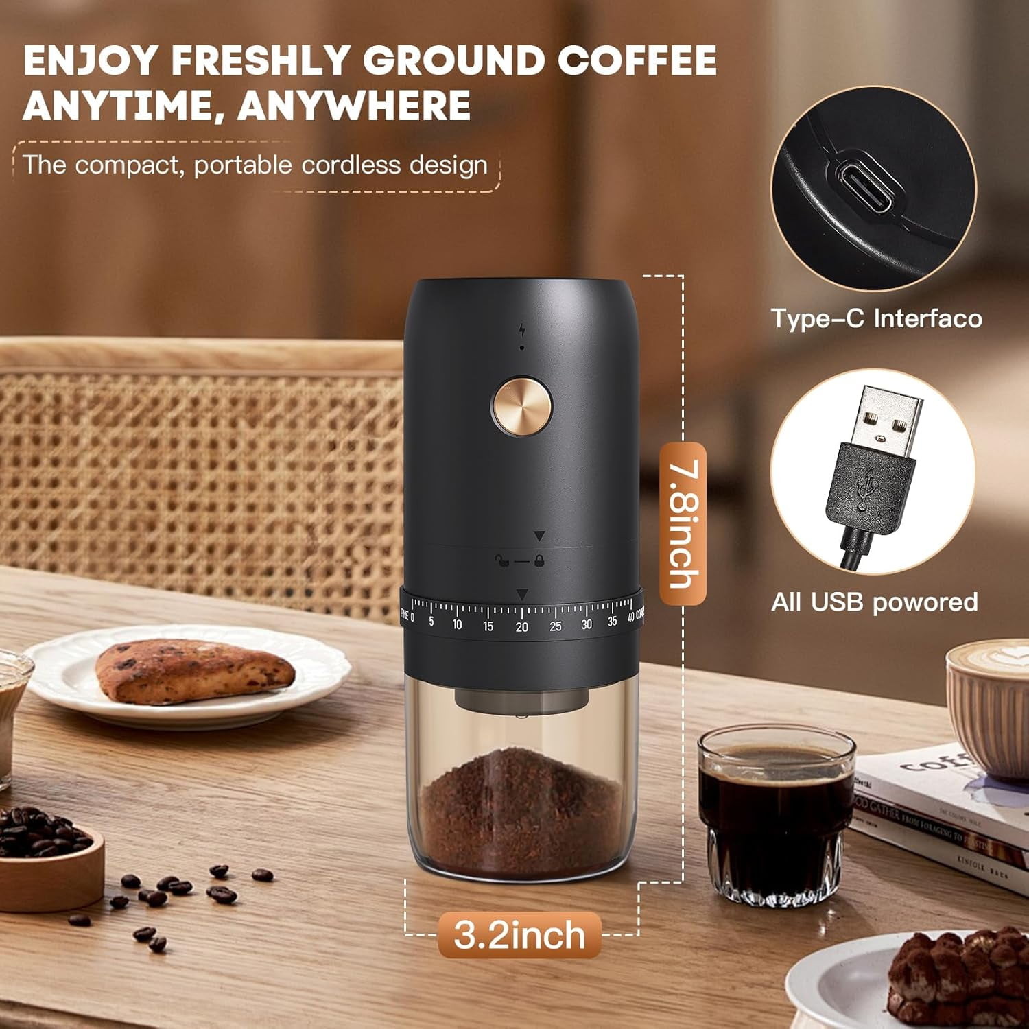 Portable Electric Coffee Grinder with 40 Adjustable Settings for Fine to Coarse Grind, Stainless Steel Conical Burr Rechargeable for Home Office Camping Travel