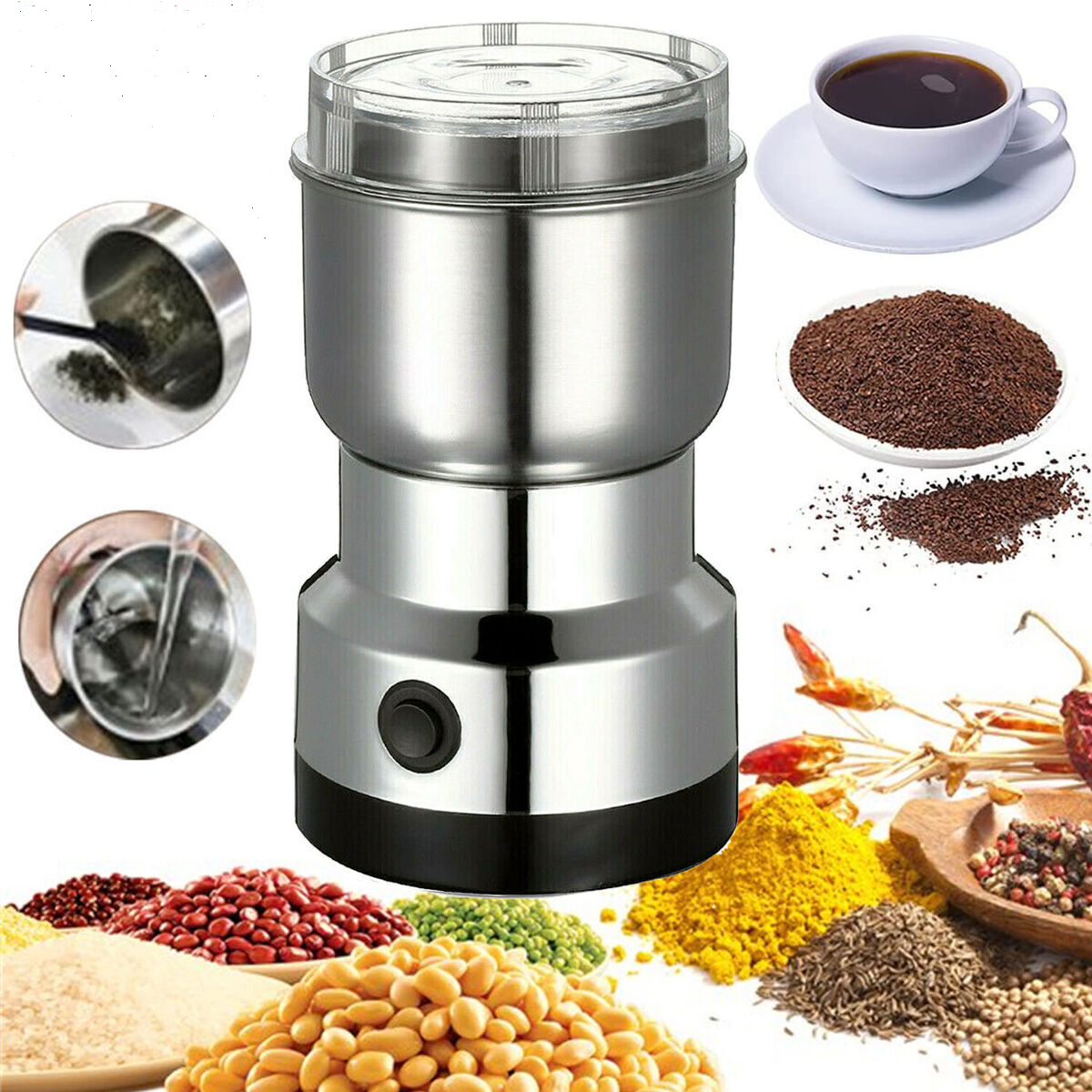 400W Electric Coffee Bean Grinder - Stainless Steel Blades For Spices, Nuts, Herbs - 8-Blade, 3-Year Warranty, US Plug 110V