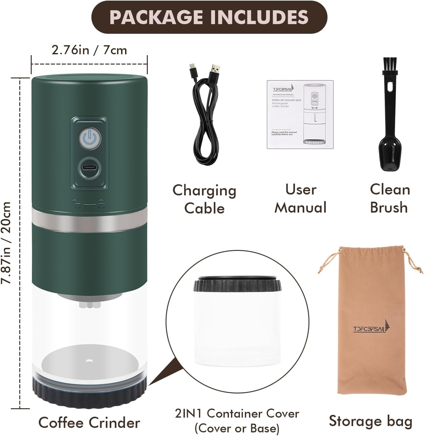 Portable Electric Coffee Grinder Stainless Steel Conical Burr with 45 Settings Rechargeable for Home Travel Camping Office Dark Green